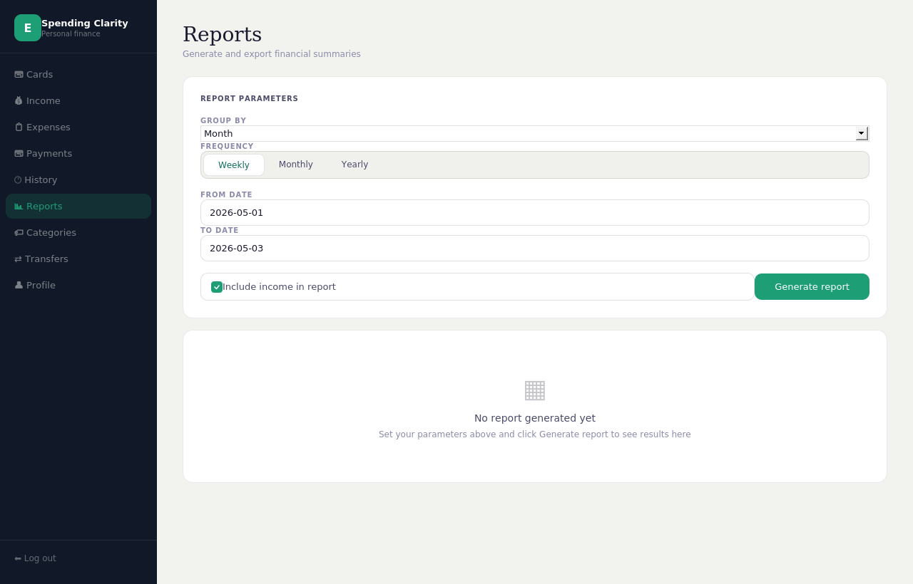 SpendMoth web app showing cards and financial workspace